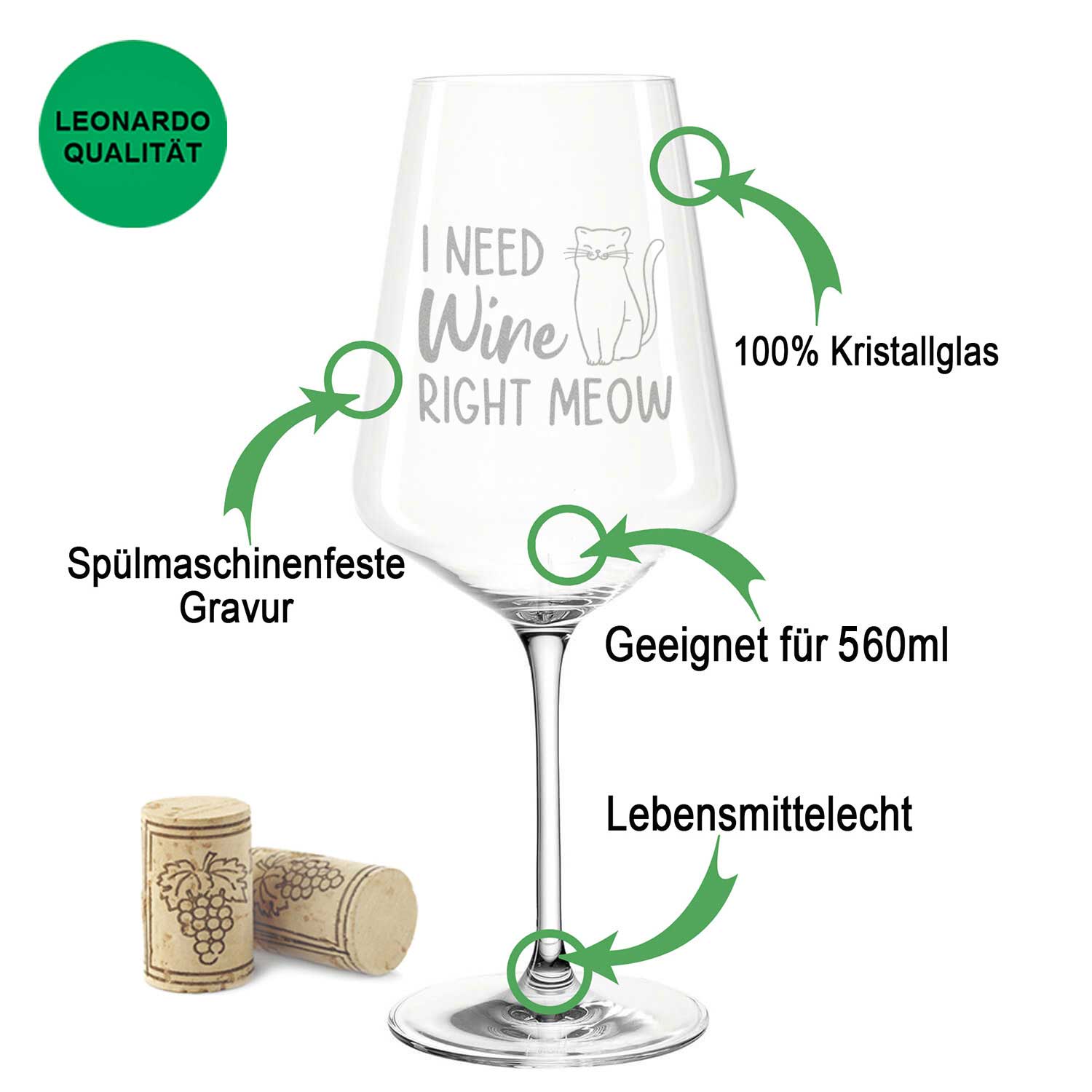 Leonardo Weinglas mit Gravur "I need wine right meow"